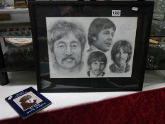 A framed and glazed Beatles study and a copy of John Lennon In His Own Write.