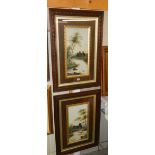 A pair of oak framed paintings on opaque glass.