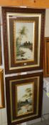 A pair of oak framed paintings on opaque glass.