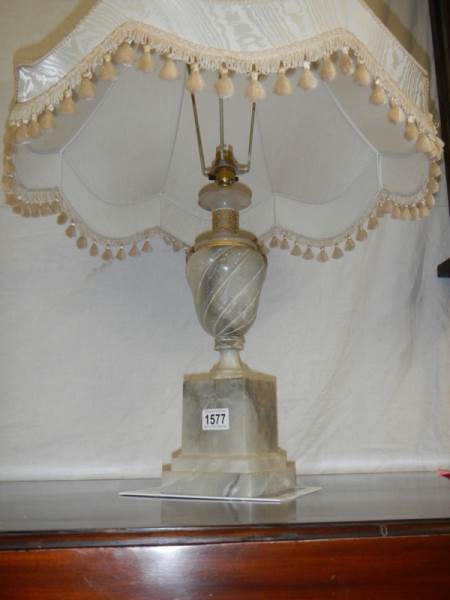 An alabaster table lamp with shade. - Image 2 of 2