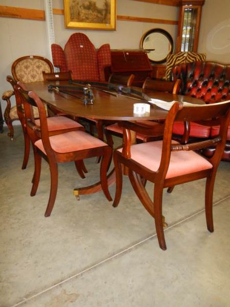 An oval mahogany dining chair with a set of six rail back chairs, COLLECT ONLY.