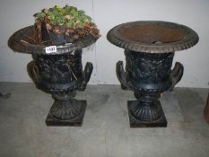 A pair of cast iron garden urns. COLLECT ONLY.