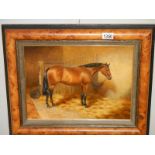 A framed oil on canvas featuring a horse in stable signed S Whigham, 1988.