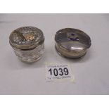 A hm silver trinket box with coat of arms 'S.s.Ormuz' 38 grams and a glass silver topped trinket pot