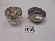 A hm silver trinket box with coat of arms 'S.s.Ormuz' 38 grams and a glass silver topped trinket pot
