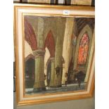 A framed oil on canvas featuring a Church interior.