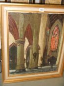 A framed oil on canvas featuring a Church interior.