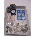 A mixed lot of coins including silver, Victoria crown, other crowns etc.,