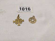 A 14ct gold cross pendant, 1.8 grams and a 9ct gold Star of David, 1 gram.