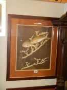 A framed and glazed watercolour of Koi swimming through coral.