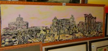 A large oil on board representation of Rome (design possibly based on an old Italian carpet).