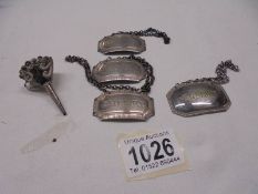 Three silver wine labels on metal chains (18g without chains), an unmarked claret label