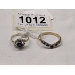 An 18ct gold blue/white stone cluster ring and a blue and white stone wishbone ring, sizes l & V, 5g