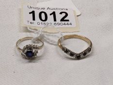 An 18ct gold blue/white stone cluster ring and a blue and white stone wishbone ring, sizes l & V, 5g