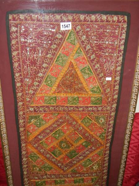 A framed Indian silk beaded wall hanging, 134cm high, COLLECT ONLY. - Image 2 of 2