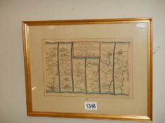 A framed and glazed road map 'Glocester to Coventry' by Thos. Gardner.