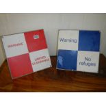Two vintage metal warning signs - Limited Clearance and No Refuges, 30 x 30 cm.
