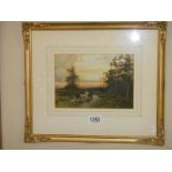 A framed and glazed watercolour rural scene with horses. signed W Manhere.