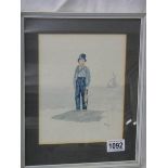 A framed and glazed water colour of a young standing fisherman initialed B J.