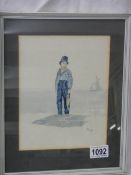 A framed and glazed water colour of a young standing fisherman initialed B J.