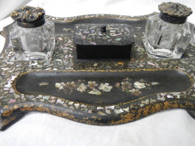 An antique mother of pearl inlaid inkstand. - Image 2 of 3