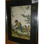 A framed and glazed print depicting a Cavalier with a boy.