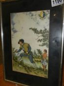 A framed and glazed print depicting a Cavalier with a boy.