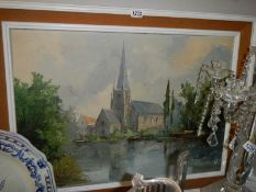 An oil on canvas rural scene with church.