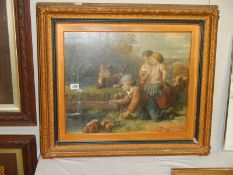 A gilt framed Victorian print featuring children playing by a pond, dated 1872.