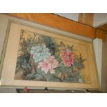 A large framed and glazed Chinese signed floral watercolour, COLLECT ONLY.