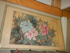 A large framed and glazed Chinese signed floral watercolour, COLLECT ONLY.