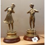 2 brass figures playing violin & flute on wooden bases
