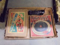 Two boxed Marx Streamline Speedway sets, E50 (no cars), E53 (1 car) a clockwork '0' gauge locomotive