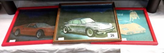 3 framed & glazed pictures of cars, Porsche, Lamborghini & Ferrari