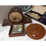 A 1930's oak mantle clock (no glass), aneroid barometer & a round wall clock