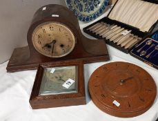 A 1930's oak mantle clock (no glass), aneroid barometer & a round wall clock
