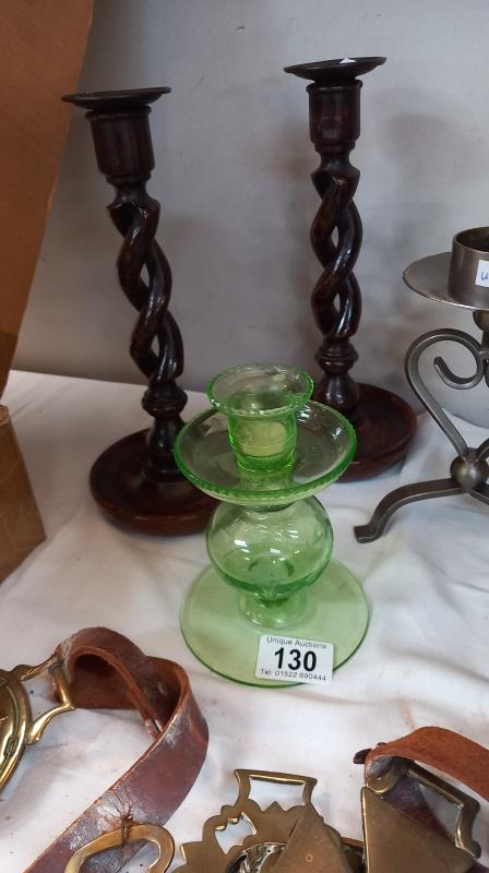 A pair of 1930's oak barley twist candlesticks, a pair of serpent candlesticks & 3 others - Image 2 of 3