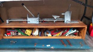 A vintage Revo lathe for electric drill on tool box & contents. COLLECT ONLY