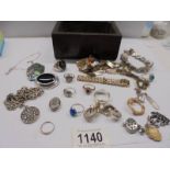 A quantity of jewellery in a lead lined antique oak box, silver items, rings, earrings, a gold ring