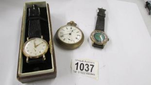 A Garrard 9ct gold cased gent's wrist watch, A wara skeleton watch & Ingersol Triumph pocket watch.