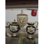 A continental porcelain lidded urn and two pieces of Noritake porcelain.