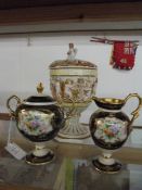 A continental porcelain lidded urn and two pieces of Noritake porcelain.