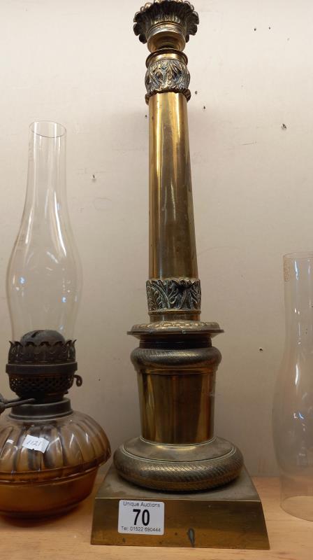A Victorian brass oil lamp column, cut glass drop in font & 2 chimneys - Image 3 of 9