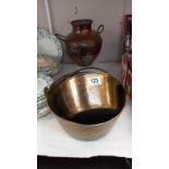 2 Victorian brass jam pans & a copper vase. COLLECT ONLY