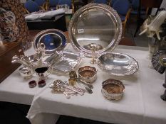 A mixed lot of silver plate including tray, wine coasters, flat ware etc.,