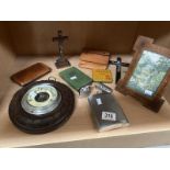 A good lot of collectables including inlaid photo frame, crucifix & aneroid barometer etc.