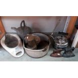 A vintage small galvanised watering can, jam pan, cast iron flat irons & balance scales etc.