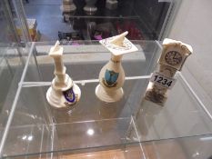 A Bridlington crested Grandfather clock and two crested sundials Flamborough and Cockermouth.