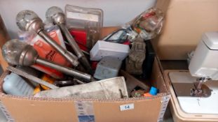 A box of tools including garden lights & dust sheets etc.