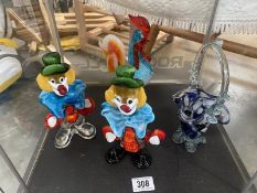 2 murano glass clowns and other glassware